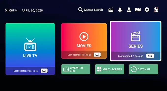 Interface de l'application IPTV Abonnement Pro avec la grille des chaînes en direct